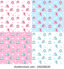 Set of seamless patterns with cute birds