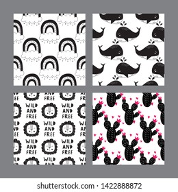 Set of seamless patterns cute black and white in nordic style. Hand drawn vector illustration.