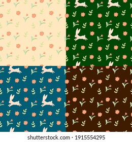 Set of seamless patterns. Cute bunnies, spring flowers on different backgrounds. Vector in plane style. Spring. Easter. Suitable for wrapping paper, fabric and wallpaper.
