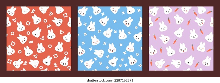 The set of seamless patterns with a cute cartoon rabbit face.