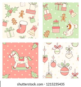 Set of seamless patterns with cute Christmas toys in retro style. Bear in rabbit costume, rocking horse, bell, stack of gift, Santa's hat, balls with ribbon bow, gingerbread, sock, holly berries. EPS