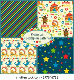 set of seamless patterns with cute circus illustrations. perfect for baby invitations, cards, scrapbook, gift wrapping paper, surface textures