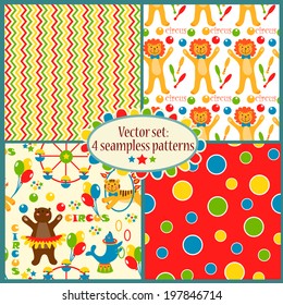 set of seamless patterns with cute circus illustrations. perfect for baby invitations, cards, scrapbook, gift wrapping paper, surface textures
