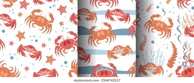 Set of seamless patterns with cute crabs and algae. Marine style, ocean inhabitants. Great for wallpaper, wrapping paper, baby fabric, etc.