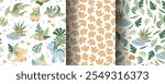 Set of seamless patterns with cute dinosaurs in flat style. Endless texture with baby dinosaurs with palm leaves, footprints and plants. Childish background for fabric, wallpaper, wrapping paper