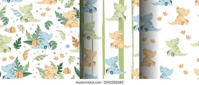 Set of Seamless patterns with cute dinosaurs in flat style. Endless texture with baby dinosaur, tropical plants and footprints. Childish background for fabric