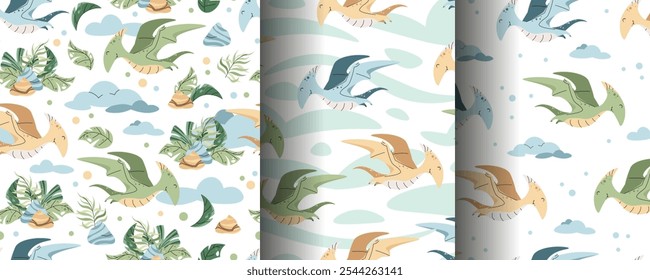 Set of Seamless patterns with cute dinosaurs in flat style. Endless texture with flying pterodactyl with clouds and tropical plants. Childish background for fabric, wallpaper, wrapping paper