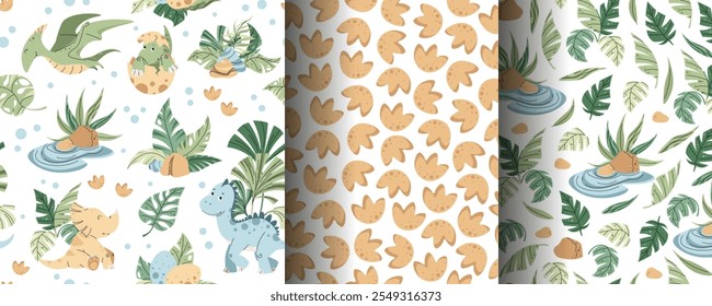 Set of seamless patterns with cute dinosaurs in flat style. Endless texture with baby dinosaurs with palm leaves, footprints and plants. Childish background for fabric, wallpaper, wrapping paper