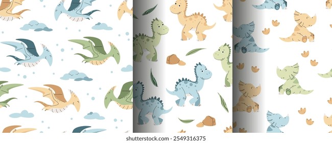 Set von nahtlosen Mustern mit süßen Dinosauriern im flachen Stil. Wiederholter Hintergrund mit Baby-Dinosaurier und Fußspuren. Kiddie Hintergrund für Stoff, Tapete, Papier, Scrapbooking, etc.