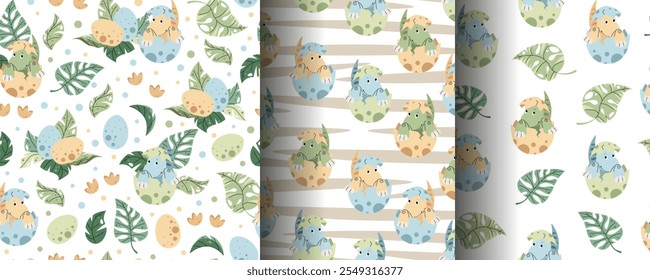 Set of Seamless patterns with cute dinosaurs in an egg in flat style. Endless texture with hatched baby dinosaur and tropical plants. Childish background for fabric, wallpaper, wrapping paper