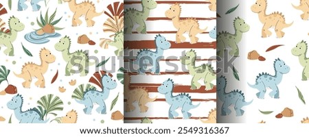 Set of Seamless patterns with cute dinosaurs in flat style. Endless background with baby dinosaur, tropical plants and footprints. Kiddie background for fabric, wallpaper, wrapping paper, scrapbooking