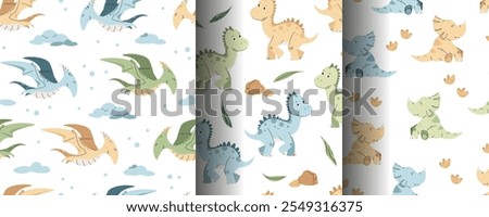 Set of Seamless Patterns with cute dinosaurs in flat style. Repeating background with baby dinosaur and footprints. Kiddie background for fabric, wallpaper, wrapping paper, scrapbooking, etc.