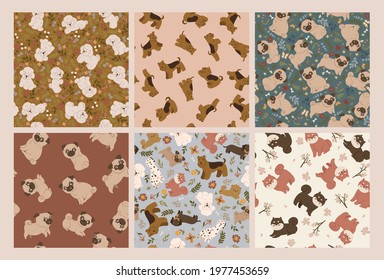 Set of seamless patterns with cute dogs. Vector graphics.