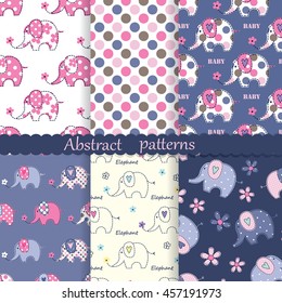 Set of seamless patterns with cute elephants, polka dots ant flowers