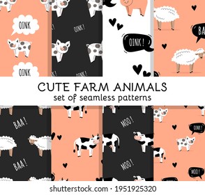 Set of seamless patterns with cute farm animals. Cow, sheep, pig. Wallpaper, packaging. Flat vector illustration.