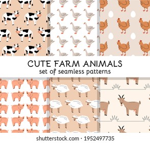 Set of Seamless patterns with cute farm animals and birds. Cow, sheep, horse, pig, goat, donkey, chicken. Wallpaper, packaging. Flat vector illustration.