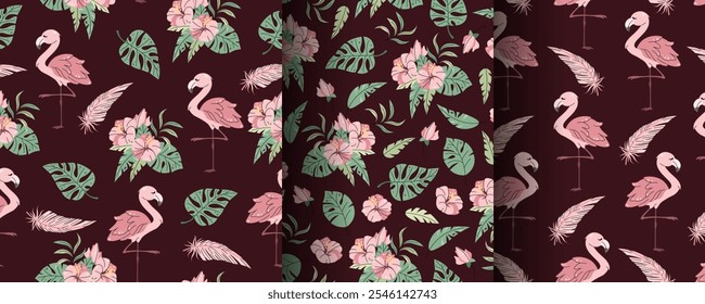 Set of seamless patterns with cute flamingos in flat style. Repeating background with tropical birds, hibiscus and leaves. Illustration for fabric, wallpaper, wrapping paper, scrapbooking