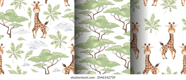 Conjunto de patrones sin costuras con jirafas lindas en estilo plano. Fondo repetitivo con animales africanos, hojas de palma y acacia. Ilustración infantil para tela, Fondo de pantalla, papel de regalo, scrapbooking