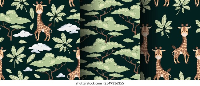 Set of seamless patterns with cute giraffes in flat style. Repeating background with African animals, palm leaves and acacia. Childish illustration for fabric, wallpaper, wrapping paper, scrapbooking