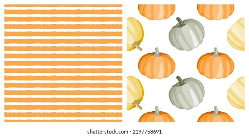 Set of seamless patterns with cute hand drawn Autumn pumpkins and orange stripes, on isolated white. Background for Thanksgiving, Halloween, Harvest celebration, textiles,wrapping paper, scrapbooking.