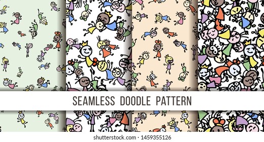 Set of seamless patterns with cute handdrawn girls in various emotions. Vector illustration. Nice use for valentines or kid birthday card, as labels, prints etc