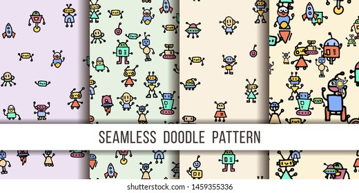 Set of seamless patterns with cute handdrawn robots in various emotions. Vector illustration. Nice use for valentines or kid birthday card, as labels, prints etc