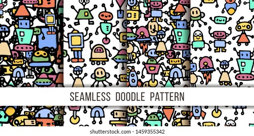 Set of seamless patterns with cute handdrawn robots in various emotions. Vector illustration. Nice use for valentines or kid birthday card, as labels, prints etc