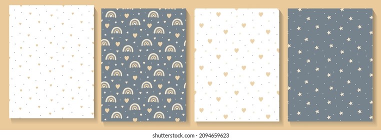 Set of seamless patterns with cute heart and rainbows, stars. Vector illustrations