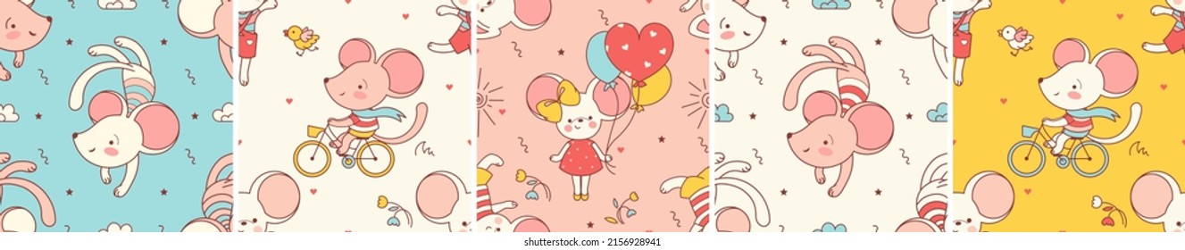 Set of Seamless patterns with Cute little mouse. Hand drawn vector illustration. Used as wallpaper, seamless background, wrapping paper, print, kids wear fashion design, baby shower invitation card.