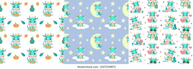 Set of seamless patterns with cute little dragons that sleep for half a month and sit on a cloud, hold a bouquet of flowers and a heart, hug a pumpkin, wallpaper background in the nursery for children