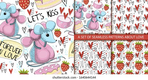A set of seamless patterns with cute mice. Animalistic pattern. seamless love background. vector