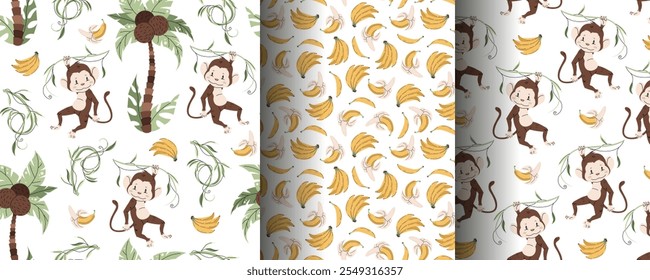 Set of seamless patterns with cute monkeys in flat style. Repeating background with African animals, palm trees and bananas. Childish illustration for fabric, wallpaper, wrapping paper, scrapbooking