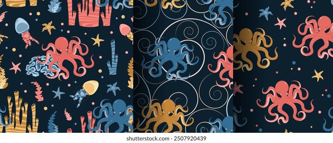 Set of seamless patterns with cute octopus, starfish, jellyfish and algae. Underwater world, ocean inhabitants. Suitable for fabric, wallpaper, wrapping paper, scrapbooking, etc.