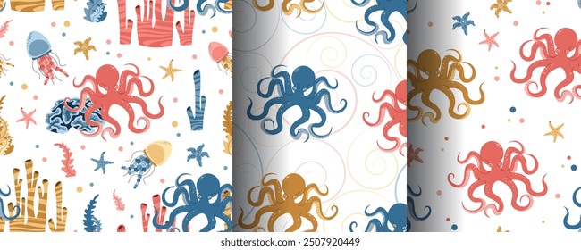 Set of seamless patterns with cute octopus, starfish, jellyfish and algae. Underwater world, ocean inhabitants. Suitable for fabric, wallpaper, wrapping paper, scrapbooking, etc.