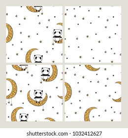 Set of seamless patterns with cute pandas on the golden moons and stars for textile, wallpapers, gift wrap and scrapbook. Vector illustration.