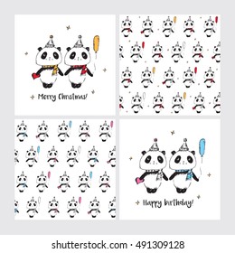 Set of seamless patterns with cute pandas and greeting cards. Happy birthday. Merry Christmas. Hand drawn pandas for your design. Doodles, sketch. Vector.