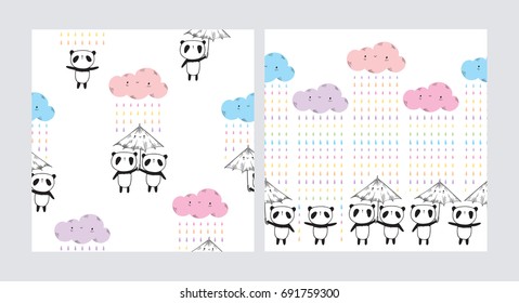 Set of seamless patterns with cute pandas, umbrellas and colored funny clouds for kids textile, wallpapers, gift wrap and scrapbook.  Vector illustration.