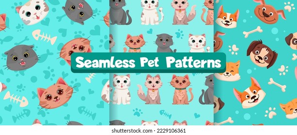 Set of Seamless patterns with cute pets, dogs and cats. Colorful childish blue textures for fabric, textile, wrapping paper. Vector cartoon Illustration