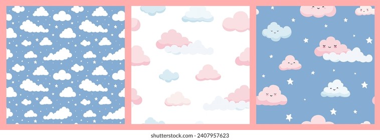 Set of seamless patterns of cute pink and blue clouds. Design for children's room, wallpaper, textile and typography. Boy and girl print style