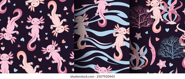 Set of seamless patterns with cute pink axolotl and seaweed. Underwater world, ocean inhabitants. Suitable for fabric, wallpaper, wrapping paper, scrapbooking, etc.