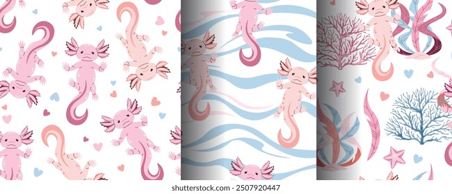 Set of seamless patterns with cute pink axolotl and seaweed. Underwater world, ocean inhabitants. Suitable for fabric, wallpaper, wrapping paper, scrapbooking, etc.