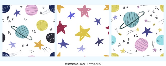 Set of seamless patterns with cute planets and stars. Creative children's texture in Scandinavian style. Great for fabric, textile Vector illustration, children's holidays. For pajamas
