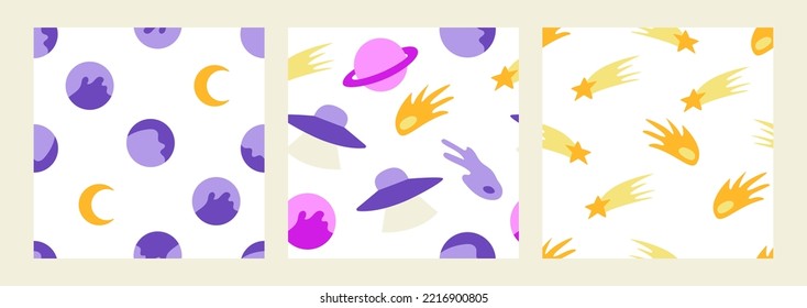 Set of seamless patterns with cute planets, stars and alien ships. Cosmic vector backgrounds. 