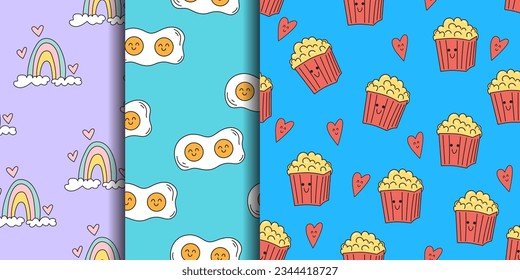 Set  of seamless patterns with cute rainbows, fried eggs, popcorn bags. Background with kawaii food. Anthropomorphic faces. Childish texture for textile, fabric
