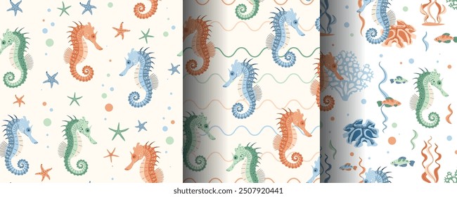 Set of seamless patterns with cute seahorse, starfish and algae. Underwater world, ocean inhabitants. Suitable for fabric, wallpaper, wrapping paper, scrapbooking, etc.