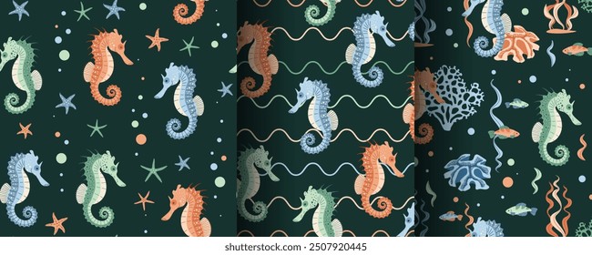 Set of seamless patterns with cute seahorse, starfish and algae. Underwater world, ocean inhabitants. Suitable for fabric, wallpaper, wrapping paper, scrapbooking, etc.