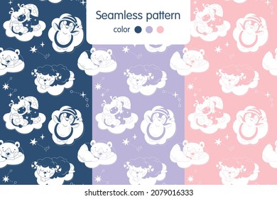 Conjunto de patrones sin costura con animales adorables durmiendo en las nubes