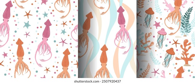 Set of seamless patterns with cute squid, starfish and seaweed. Underwater world, ocean inhabitants. Suitable for fabric, wallpaper, wrapping paper, scrapbooking, etc.