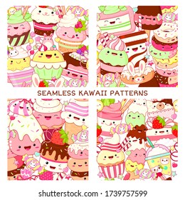 Set of seamless patterns with cute sweet desserts in kawaii style with smiling face. Ice cream, cake, cupcake, donuts. Endless texture can be used for pattern fills, web page background. Vector EPS8