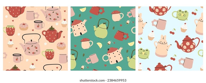 Set of seamless patterns with cute teapots and cups.Vector graphics.